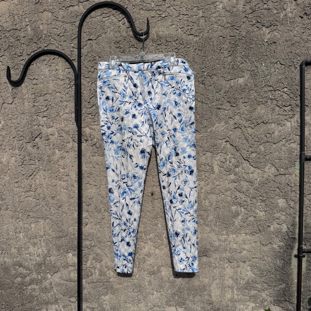 Karl Lagerfeld Paris Pants Women 8 Blue White Floral Jacquard Slim Trousers